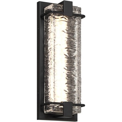 Possini Euro Design Glacier 15 3/4" High Farmhouse Rustic Outdoor Wall Light Fixture Mount Porch House LED Weatherproof Matte Black Metal Glass Shade