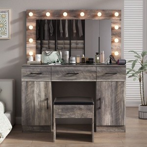 Gray Linen Particleboard with Triamine 3 Drawers, 2 Doors, with 12 Tri-color Dimmable Light Bulbs, Rows of Plugs, Glass-topped Vanity Table Set - 1 of 4