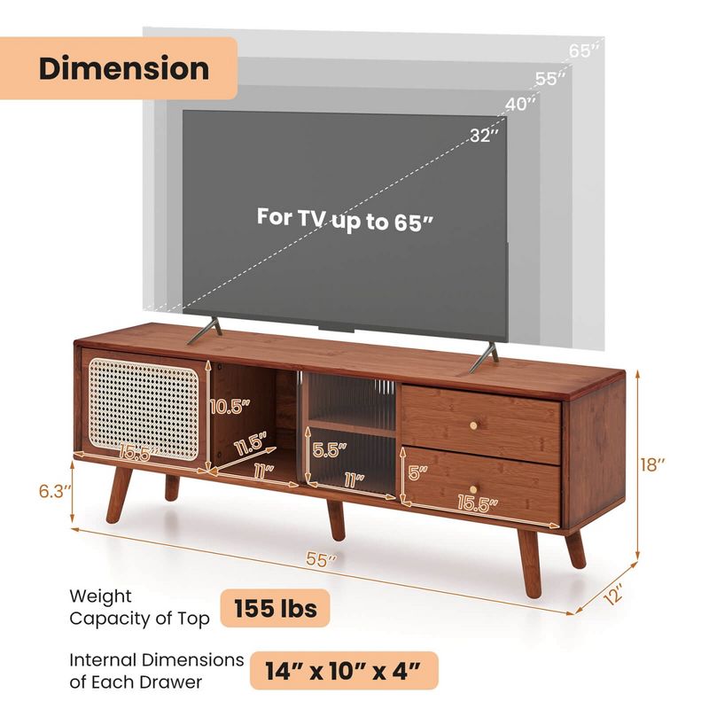 Costway Bamboo TV Stand Console Table with PE Rattan  Door & 2 Drawers for TV up to 65" Brown/Natural, 4 of 11
