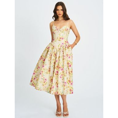 Jacinda Yellow Floral Print Linen Midi Dress XL / US 12-14