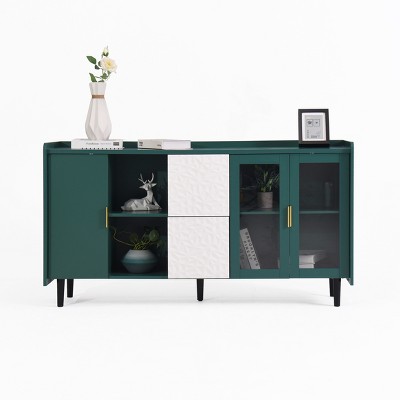 TiramisuBest 55" Modern Kitchen Pantry Storage Cabinet with 2 Drawers, 2 Glass Doors & Open Compartments, Coffee Bar Buffet for Kitchen,Green