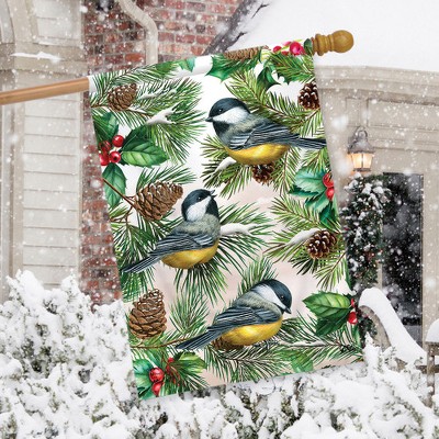 Winter Chickadees Polyester Garden Flag with Pinecones and Berries