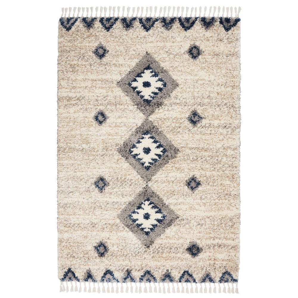 Photos - Doormat Nourison 4'x6' Oslo Shag Diamond Machine Woven Indoor Area Rug Ivory/Blue 