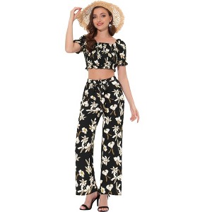 Allegra K Women's Beach Outfit Ruffle Smocked Crop Tops and Tie Waist Floral Pants Set - 1 of 4