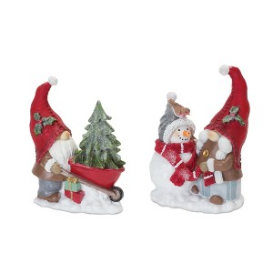 Christmas Gnome Figurines – 7"H & 8"H Snowman & Wheelbarrow Holiday Resin (Set of 2) by Melrose - 1 of 3
