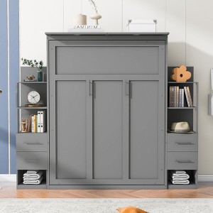 TIRAMISUBEST Full/Queen Size Murphy Bed with LED Lights, Modern Wall Bed Frame with Shelves & Drawers - 1 of 4