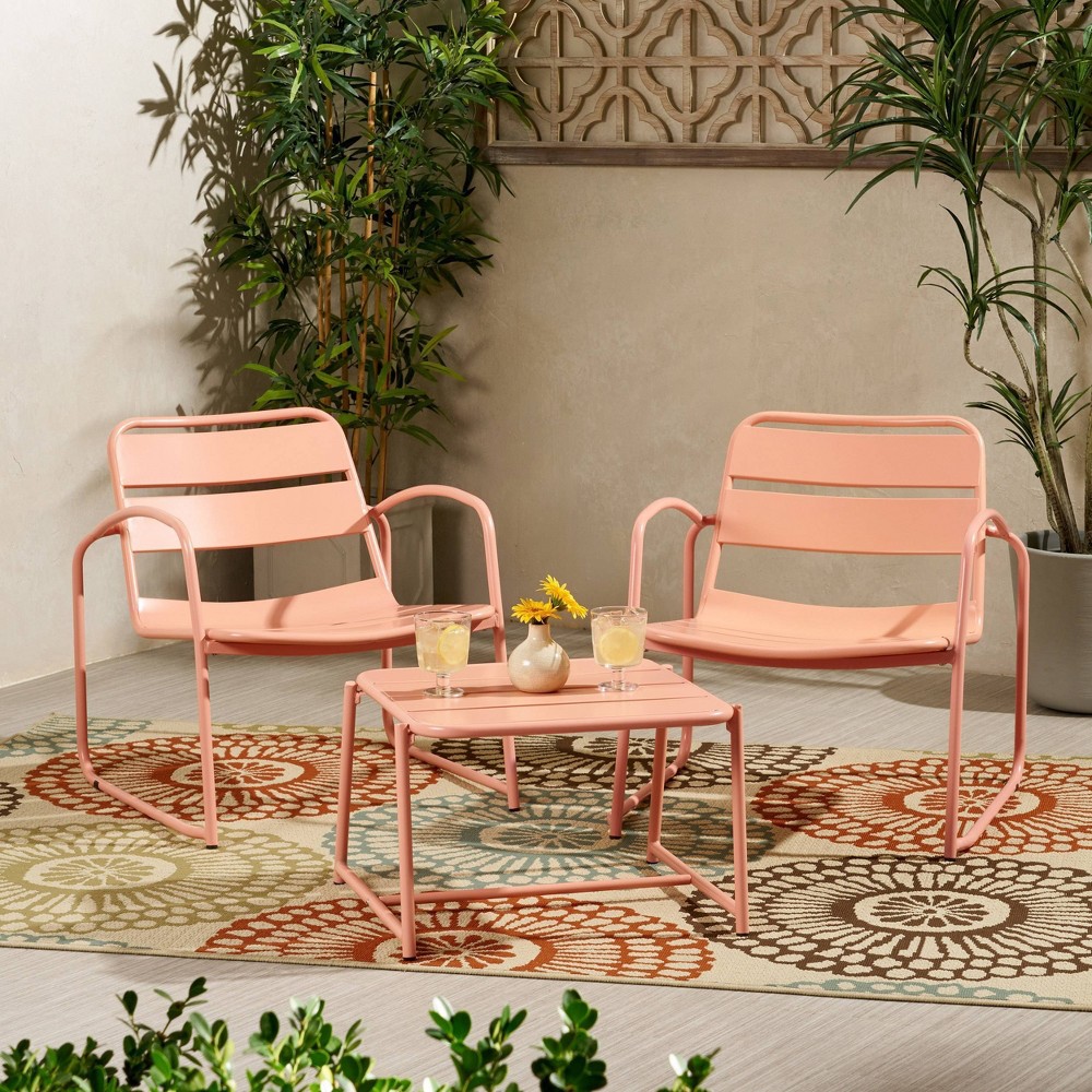 Photos - Garden Furniture Cowan 3pc Iron Modern Chat Set - Matte Coral - Christopher Knight Home