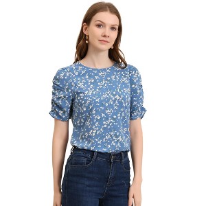 INSPIRE CHIC Women's Floral Summer Crew Neck Casual Shirred Short Sleeve Blouse - 1 of 4