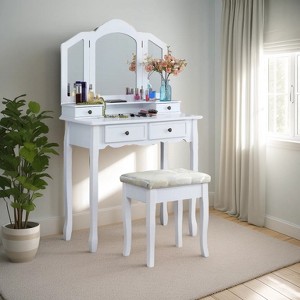 Wooden Vanity Make Up Table and Stool Set, White - 1 of 4