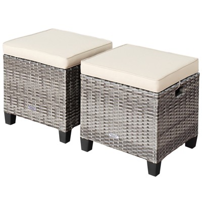 Tangkula Set of 2 Outdoor Rattan Cushioned Ottoman Seat All Weather Patio Footrest Red/Turquoise