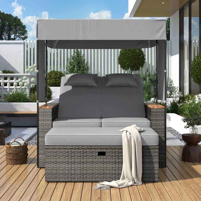 2 PCS Outdoor Rattan Sunbed Lounger, Patio Double Daybed with Canopy, Adjustable Backrest and Storage Bench 4M -ModernLuxe, 2 of 17