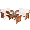 Costway 4PCS Patio Solid Wood Furniture Set Conversation Coffee Table W/White Cushion - 3 of 4