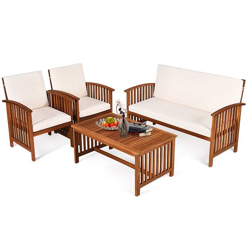 Costway 4PCS Patio Solid Wood Furniture Set Conversation Coffee Table W/White Cushion, 3 of 11