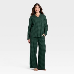 Women's Flannel Long Sleeve Button Down Shirt and Pants Pajama Set - Auden™ - 1 of 3