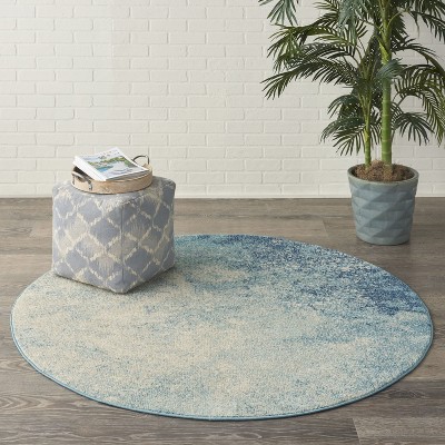 Navy and Light Blue Round Geometric Synthetic Rug