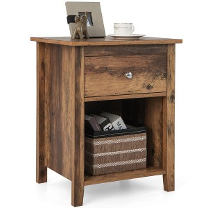 Costway Nightstand Bedside Table with Drawer & Open Shelf for Living Room Bedroom Walnut/Brown - 1 of 4