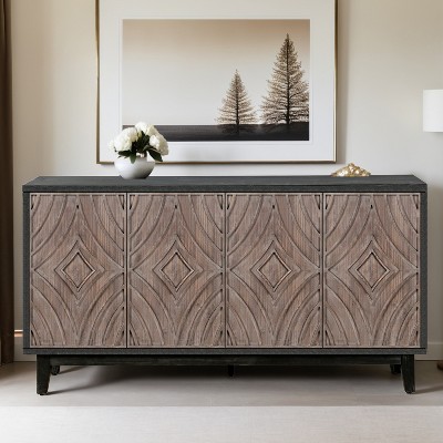 Mid Century 60" Sideboard Buffet Cabinet with Solid Wood Legs,4 Convex pattern diamond Doors and 2 Shelves - Leovsnove