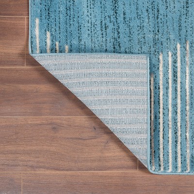 Blue Geometric Stripe Polypropylene Runner Rug with Jute Backing