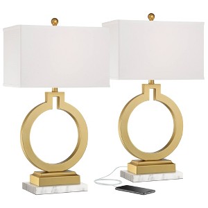 360 Lighting Lauren Modern Table Lamps Set of 2 with White Risers 28 1/2" Tall Gold USB Charging Port White Rectangular Shade for Bedroom Living Room - 1 of 4