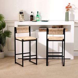 PDTEND Set of 2 Hand-Woven Paper Rope Counter Stools with Footrest for Kitchen Island/Dining Room - 1 of 4