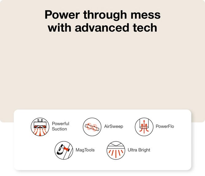 Power through mess with advanced tech
PowerfulSuction
AirSweep
PowerFlo
MagTools
UltraBright