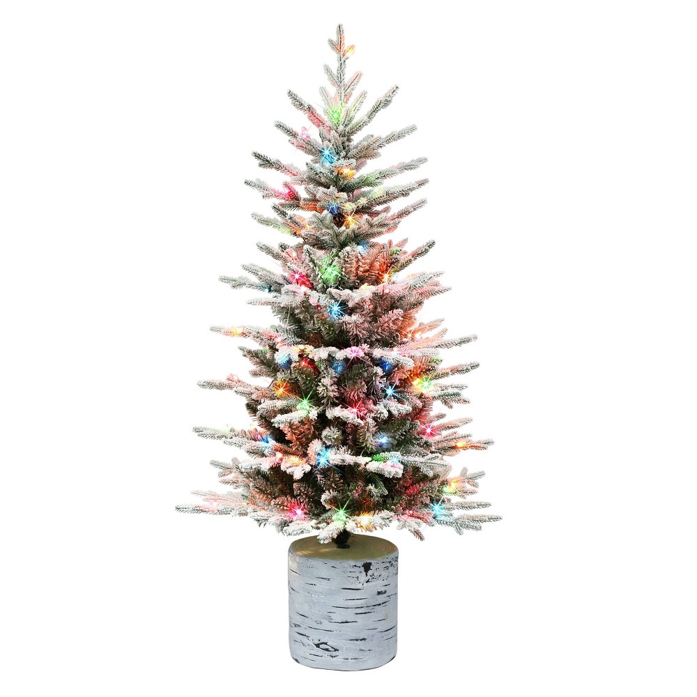 Puleo 4.5' Pre-Lit Flocked Arctic Fir Artificial Christmas Tree Multicolor Lights: Easy Setup, Indoor Use