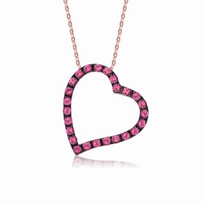 Guili Sterling Silver with Rose Gold & Black Plated Pink Round Cubic Zirconia Open Heart Necklace, a Symbol of Love and Graceful Elegance. - 1 of 4