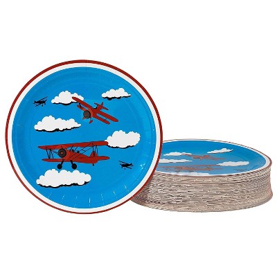 Blue Panda 80-Pack Blue Airplane Disposable Paper Plates Round 9 In Kids Party Supplies