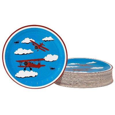 Blue Panda 80-Pack Blue Airplane Disposable Paper Plates Round 9 In Kids Party Supplies