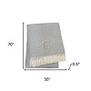 HomeRoots 55" X 70" Gray And White Herringbone Cotton Blend C Initial Throw Blanket with Tassels And Embroidery - 3 of 4