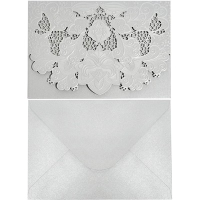 Paper Junkie 24-Pack Laser Cut Silver Glitter Invitations Cards with Envelopes for Wedding Bridal Shower, 7x5 in