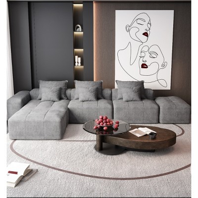 6 PCS Oversized Modular Sofa, 3 Seat DIY Layout Design Sofa with Chaise Lounges and Armrests and Ottomans, Tufted Sofa with Pillows-Coolbibila
