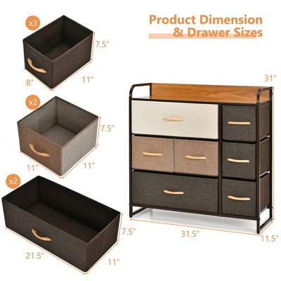 Cream and Brown 7-Drawer Fabric Dresser with Steel Frame