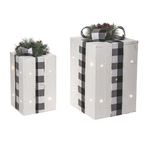 Transpac Wood Light Up Buffalo Check Bow Gift Dec Home Decorations Set of 2 Christmas - 1 of 1