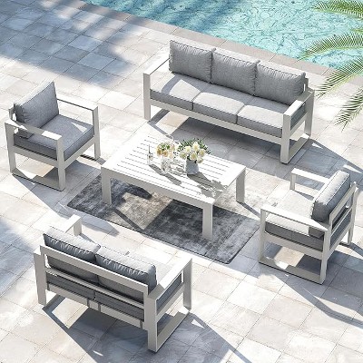 LayinSun 5 Pieces Aluminum Outdoor Patio Furniture Set, Metal Modern Conversation Sofa Set with Coffee Table and Washable Thick Cushions