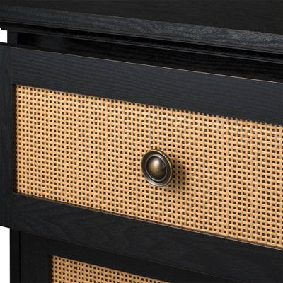 Transitional Black and Rattan 2-Drawer Nightstand with Lathe-Turned Feet