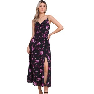 INSPIRE CHIC Women's Floral Print Pleated Back V Neck Split Elegant Maxi Sundresses - 1 of 4