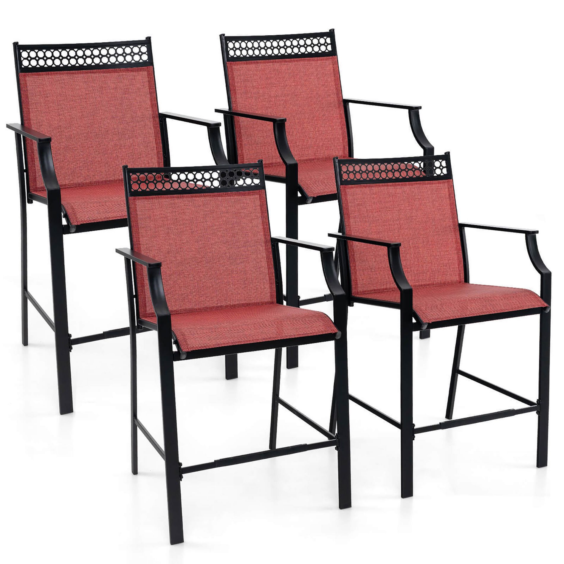 Costway Outdoor Counter Stools Set of 4 w/ Footrest & Armrests Metal Frame for Backyard Red