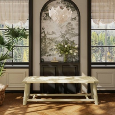 59" Farmhouse Solid Wood Rattan Bench, Dining Benche, Entryway Bench, Rustic Seating for Living Room, Bedroom-Maison Boucle