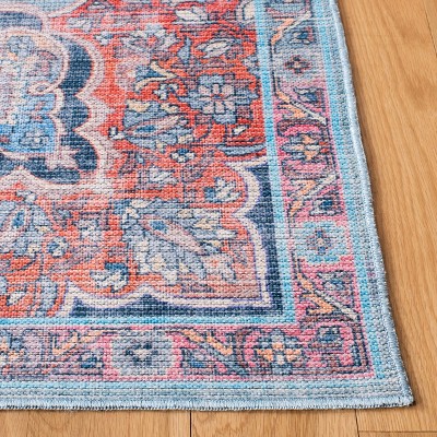 Hand-Knotted Square Red and Blue Viscose Area Rug