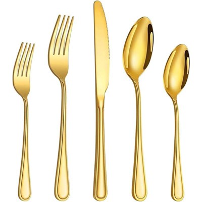BRINJOY 40-Piece Gold Flatware Set with Minimalist Stripe Handles - 8-Person Stainless Steel Cutlery Set, Dishwasher Safe & Mirror Polished