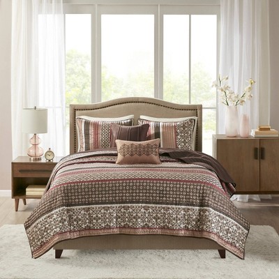 King Red Cotton Reversible Jacquard Quilt Set
