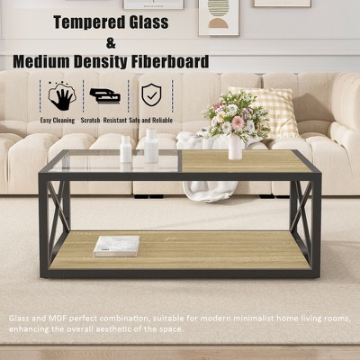 Elevate Your Space with Vynxaria's Modern Industrial Coffee Table ¨C Tempered Glass & Natural Wood MDF Top for Bedroom & Living Room!