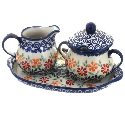 Blue Rose Polish Pottery Garden Bouquet Sugar & Creamer with Tray