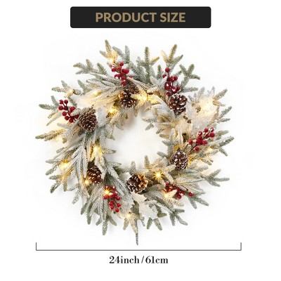 24" Pre-Lit Christmas Wreath for Front Door, Lighted Christmas Door Wreath with Pine Cone, Winter Porch Decorative Garland for Indoor Outside Decor