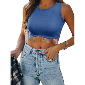 Nlife Womens Western Sparkly Fringe Sleeveless Crop Tops Cowgirl Going Out Cropped Tank Tops with Glitter Tassel - 1 of 4