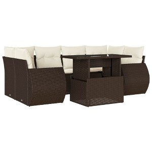 vidaXL Patio Sofa Set with Cushions Outdoor Furniture 7 Piece Poly Rattan - Brown and Cream without storage - 1 of 4