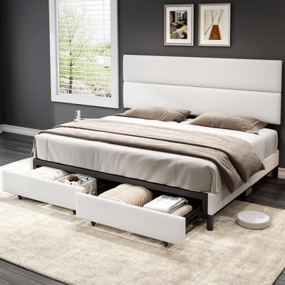AMERLIFE Linen Upholstered Bed Frame,Bed with 2 Drawers Height Adjustable Headboard
