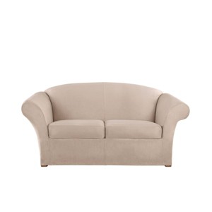 3pc Ultimate Stretch Suede Loveseat Slipcovers Cement - Sure Fit: Indoor Furniture Protector, Zipper Closure - 1 of 4