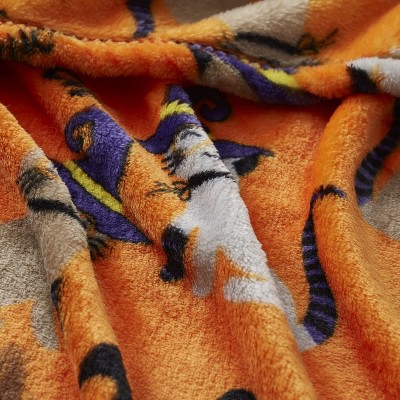 Halloween Orange Fleece Throw Blanket with Cats and Broomsticks